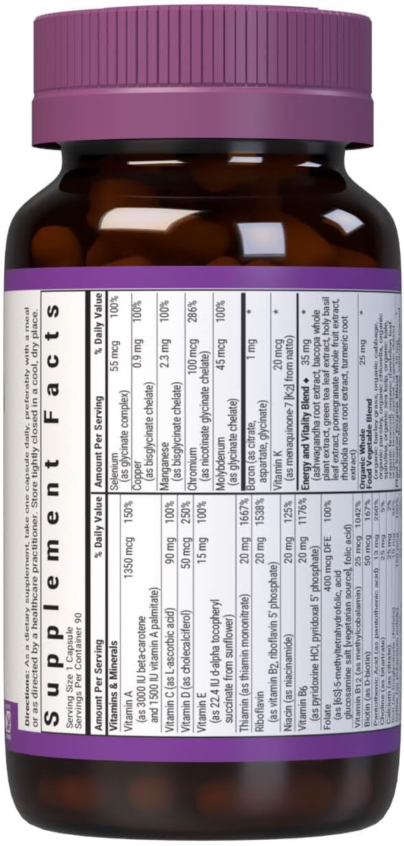 Bluebonnet Nutrition Maxi One Whole Food Multiple with Iron, Enzymes, Energy & Vitality - 90 Capsules