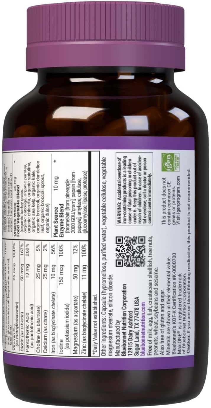 Bluebonnet Nutrition Maxi One Whole Food Multiple with Iron, Enzymes, Energy, Vitality - 60 Count, Non-GMO, Gluten/Dairy/Soy Free