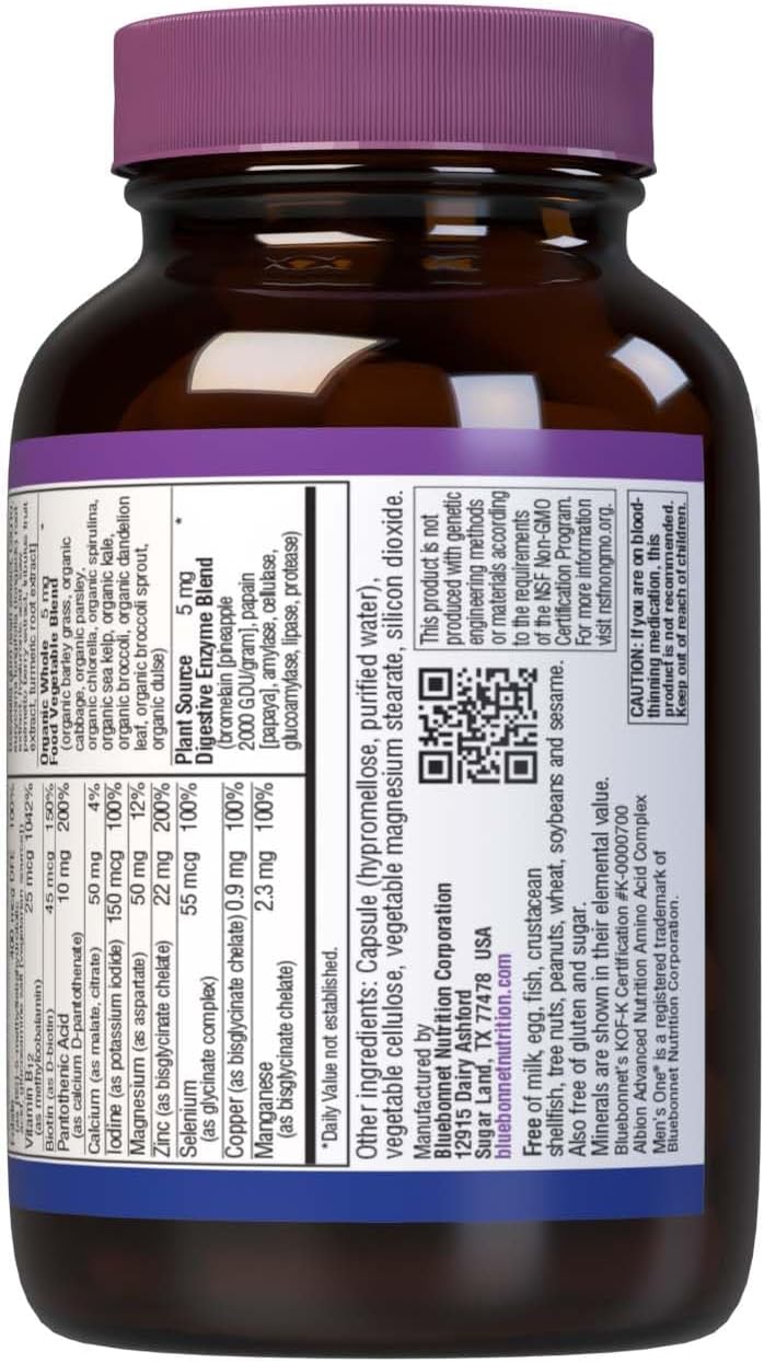 Bluebonnet Nutrition Men's 40+ Whole Food Multivitamin, Soy-Free, Non-GMO, Gluten Free, Kosher - 30 Vegetable Capsules