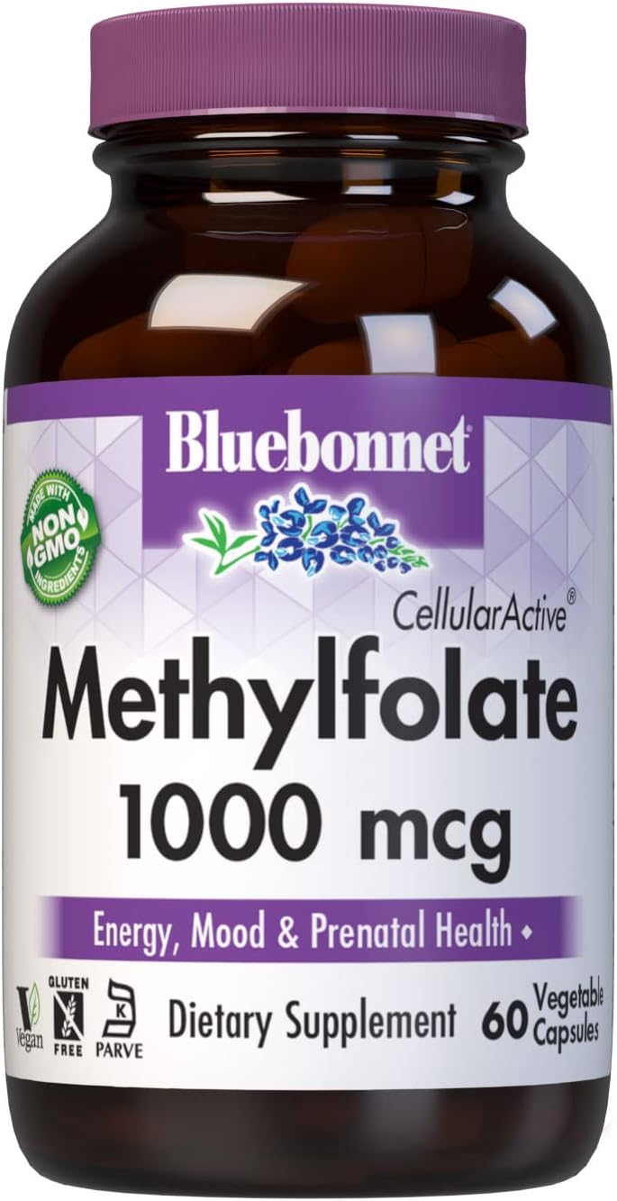 Bluebonnet Nutrition Methylfolate 1000mcg Capsules - Energy, Mood, Prenatal Health - Vegan, Gluten-Free, Non-GMO - 60 Servings
