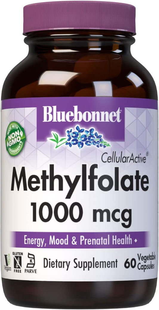 Bluebonnet Nutrition Methylfolate 1000mcg Capsules - Energy, Mood, Prenatal Health - Vegan, Gluten-Free, Non-GMO - 60 Servings