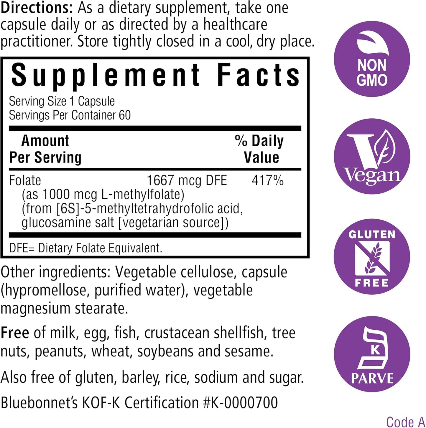 Bluebonnet Nutrition Methylfolate 1000mcg Capsules - Energy, Mood, Prenatal Health - Vegan, Gluten-Free, Non-GMO - 60 Servings