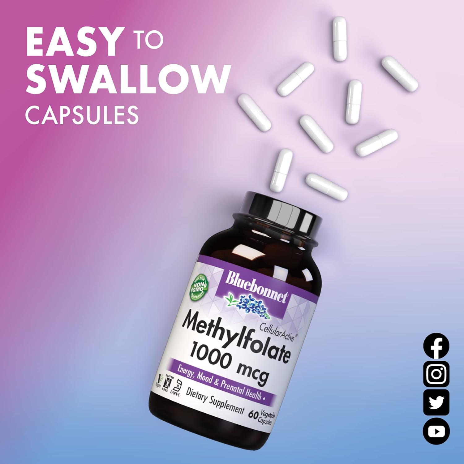 Bluebonnet Nutrition Methylfolate 1000mcg Capsules - Energy, Mood, Prenatal Health - Vegan, Gluten-Free, Non-GMO - 60 Servings