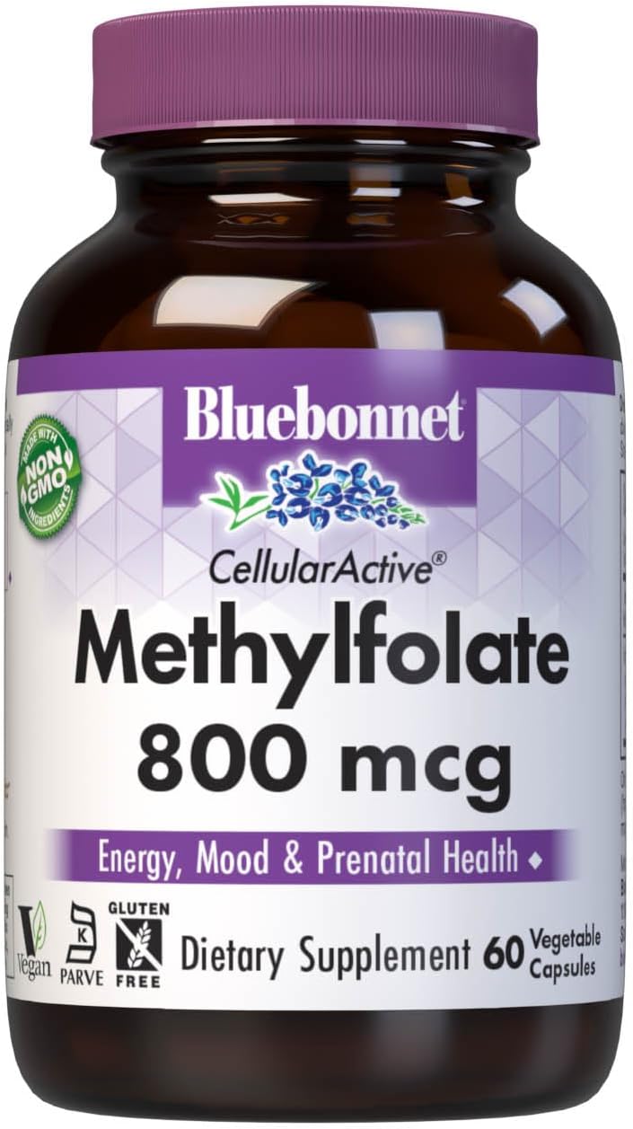 Bluebonnet Nutrition Methylfolate 800 mcg Capsules with Quatrefolic - Energy, Mood, Prenatal Health - Vegan, Gluten-Free, Non-GMO - 60 Servings