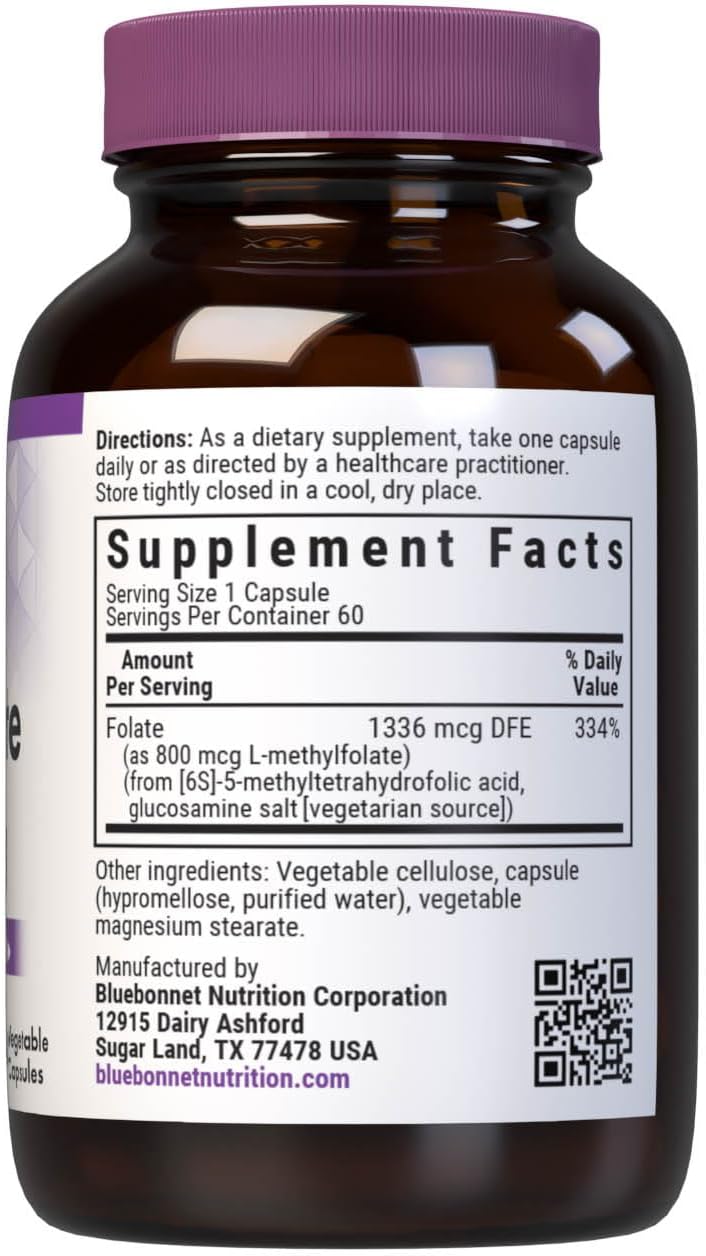Bluebonnet Nutrition Methylfolate 800 mcg Capsules with Quatrefolic - Energy, Mood, Prenatal Health - Vegan, Gluten-Free, Non-GMO - 60 Servings