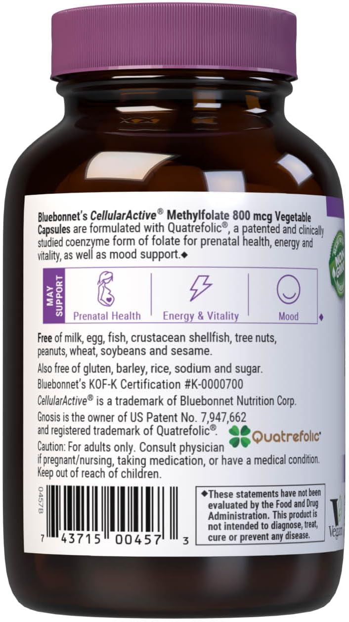 Bluebonnet Nutrition Methylfolate 800 mcg Capsules with Quatrefolic - Energy, Mood, Prenatal Health - Vegan, Gluten-Free, Non-GMO - 60 Servings