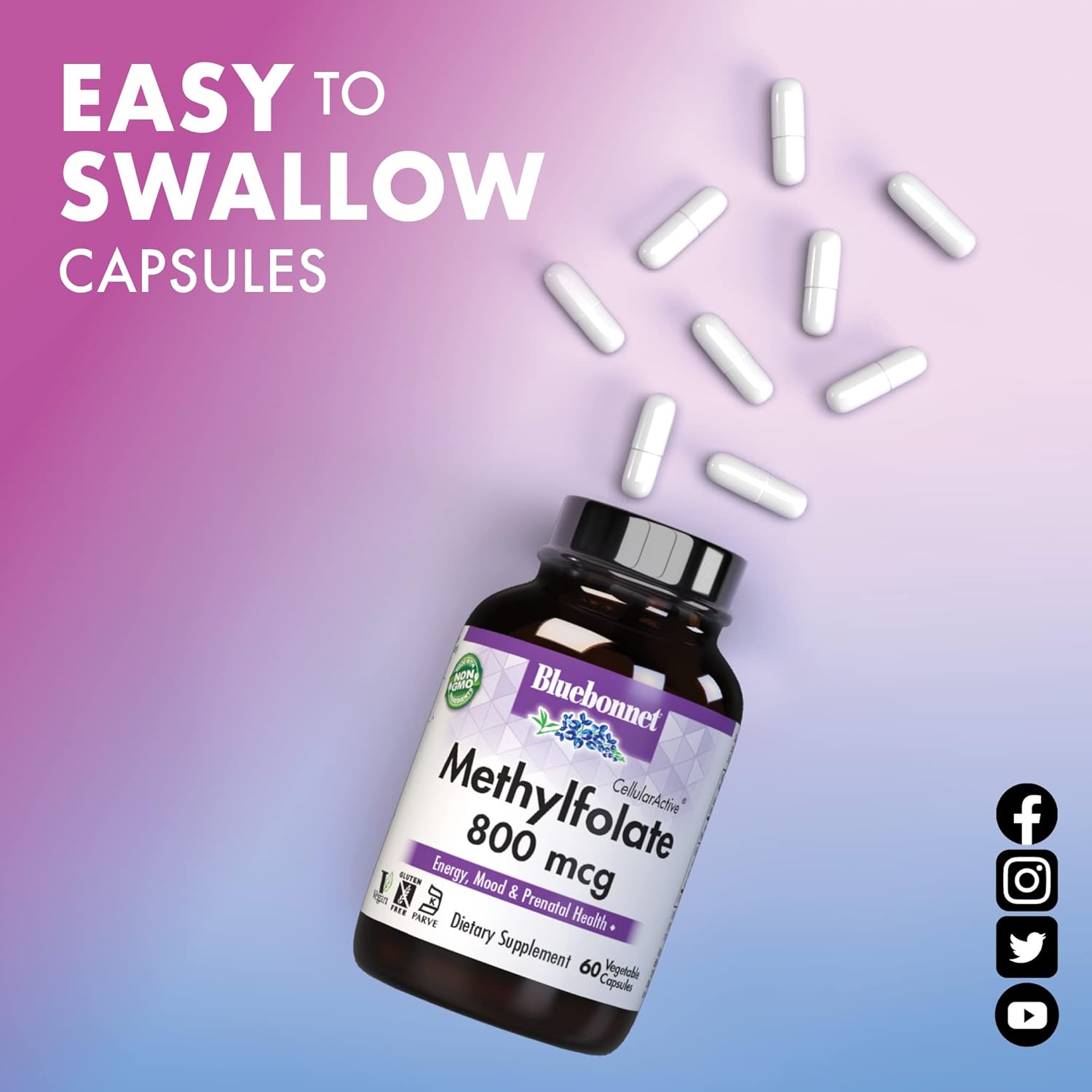 Bluebonnet Nutrition Methylfolate 800 mcg Capsules with Quatrefolic - Energy, Mood, Prenatal Health - Vegan, Gluten-Free, Non-GMO - 60 Servings