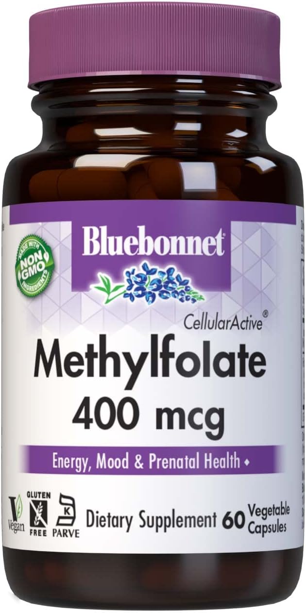 Bluebonnet Nutrition Methylfolate Capsules - 400 mcg Quatrefolic Formula for Energy, Mood, Prenatal Health - Vegan, Gluten-Free, Non-GMO, Kosher - 60 Servings