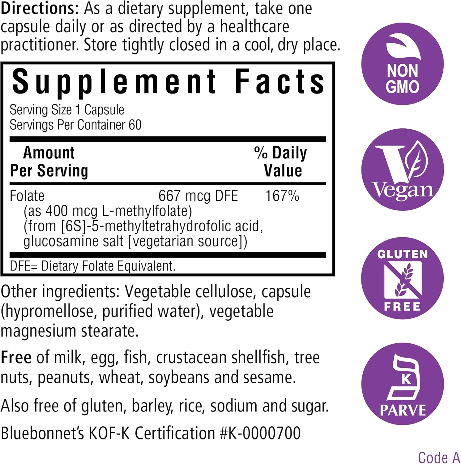 Bluebonnet Nutrition Methylfolate Capsules - 400 mcg Quatrefolic Formula for Energy, Mood, Prenatal Health - Vegan, Gluten-Free, Non-GMO, Kosher - 60 Servings