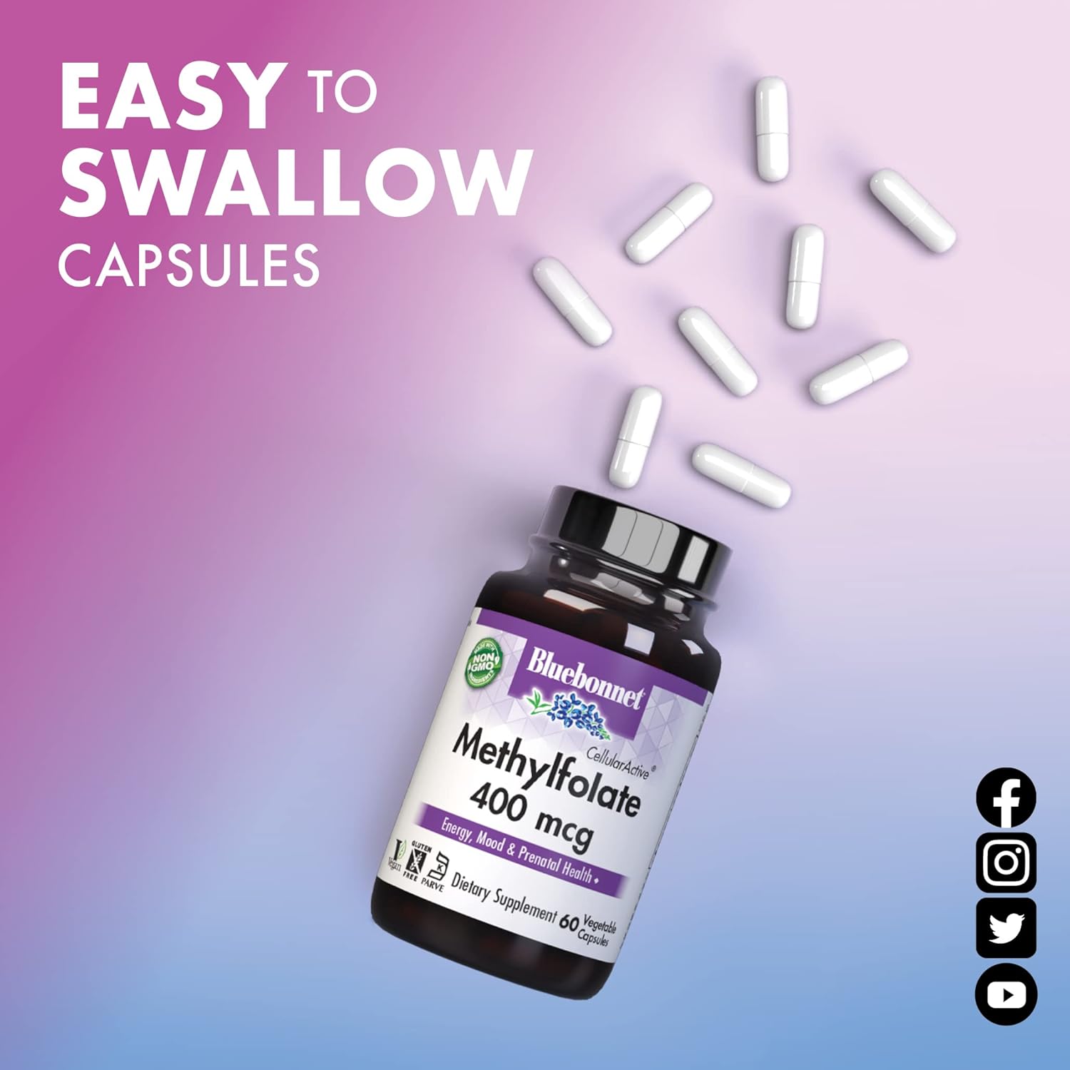 Bluebonnet Nutrition Methylfolate Capsules - 400 mcg Quatrefolic Formula for Energy, Mood, Prenatal Health - Vegan, Gluten-Free, Non-GMO, Kosher - 60 Servings