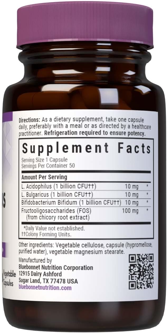 Bluebonnet Nutrition Milk-Free Probiotic Acidophilus & FOS Capsules - Digestive Health Support, Gluten-Free, Soy-Free, Dairy-Free - 50 Servings