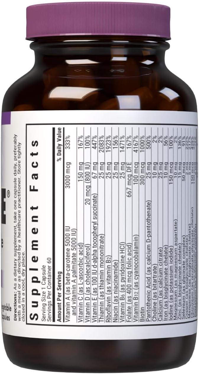 Bluebonnet Nutrition Mult One with Iron: Daily Nutritional Support for Vegetarians, Kosher Certified, Gluten-Free, Dairy-Free - 60 Capsules
