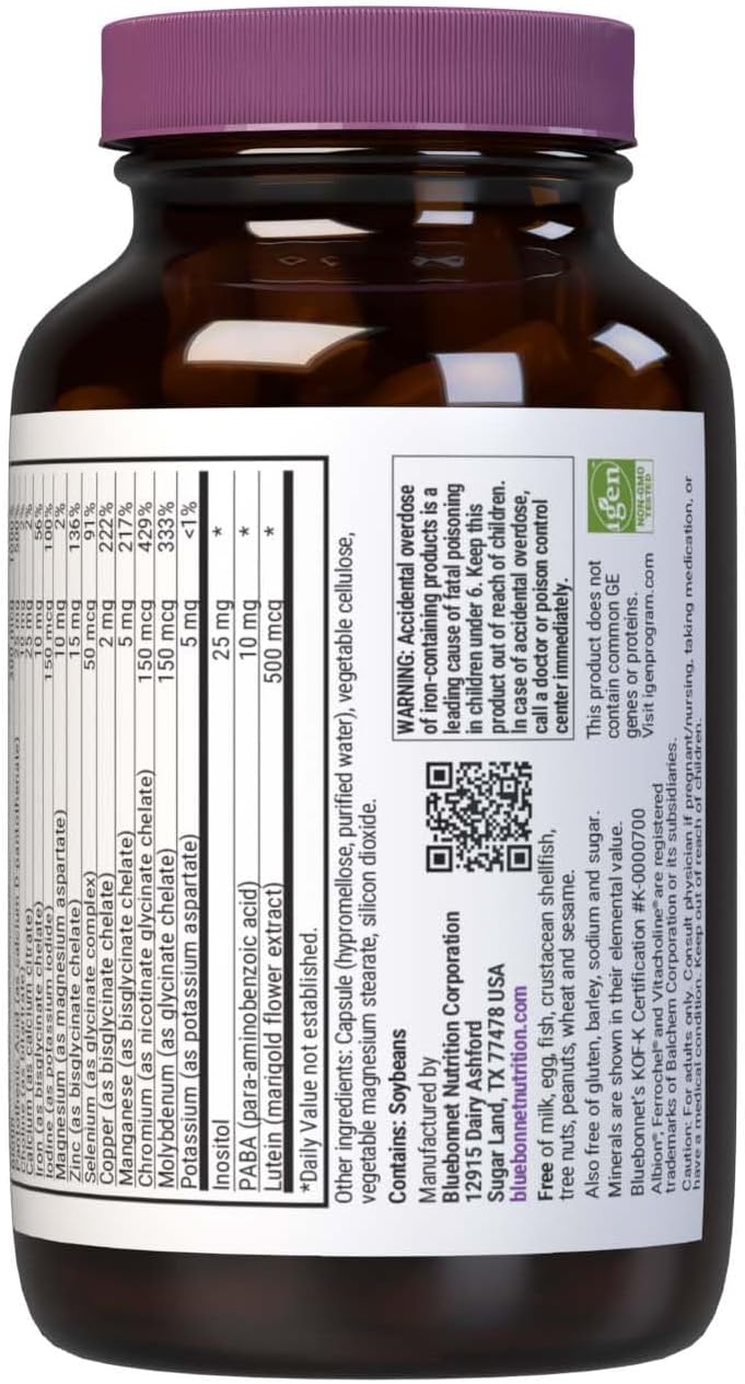 Bluebonnet Nutrition Mult One with Iron: Daily Nutritional Support for Vegetarians, Kosher Certified, Gluten-Free, Dairy-Free - 60 Capsules