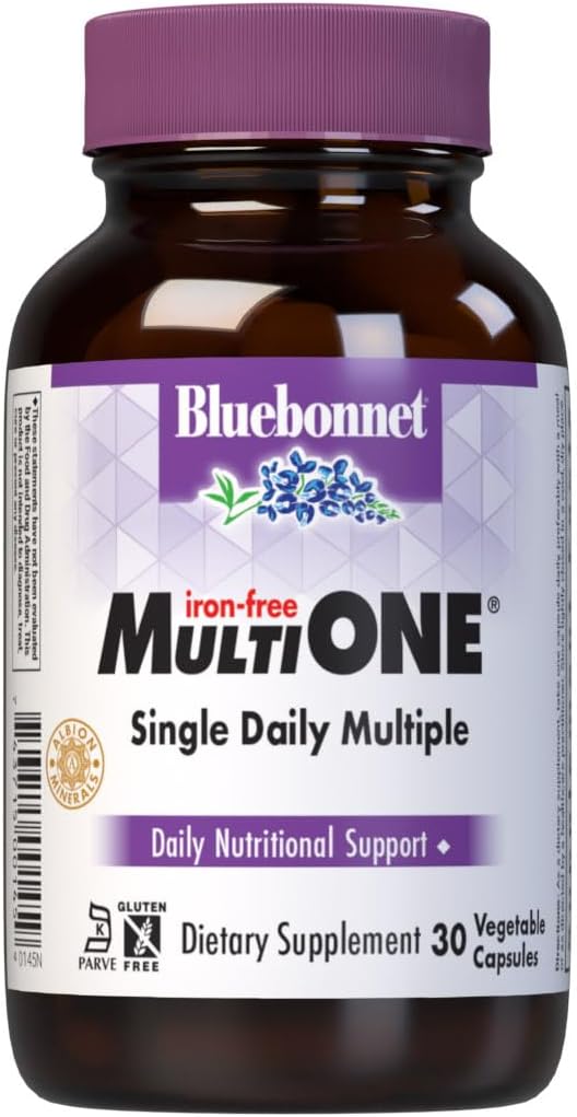 Bluebonnet Nutrition Multi ONE (Iron-Free) Daily Nutritional Support Capsules - Kosher, Gluten-Free, Dairy-Free, Vegetarian - 30 Servings