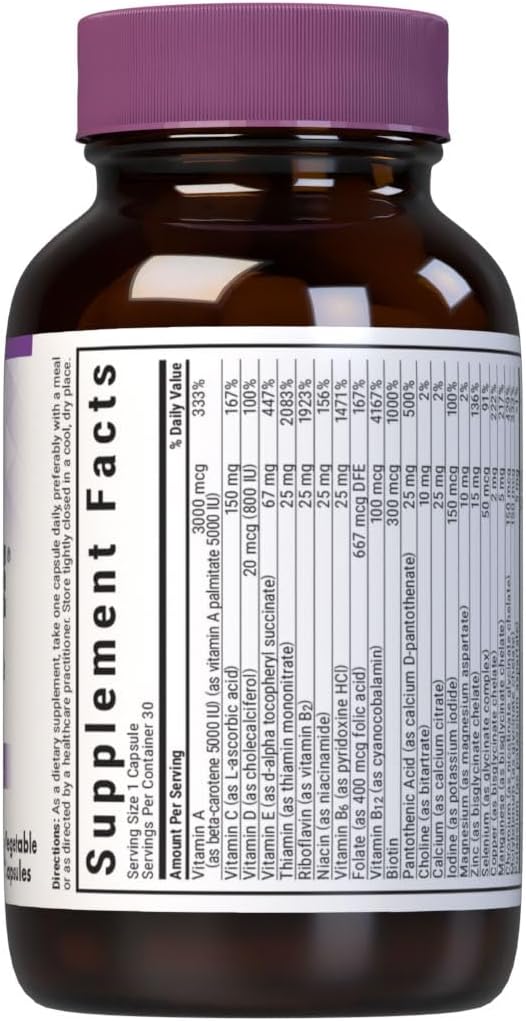 Bluebonnet Nutrition Multi ONE (Iron-Free) Daily Nutritional Support Capsules - Kosher, Gluten-Free, Dairy-Free, Vegetarian - 30 Servings