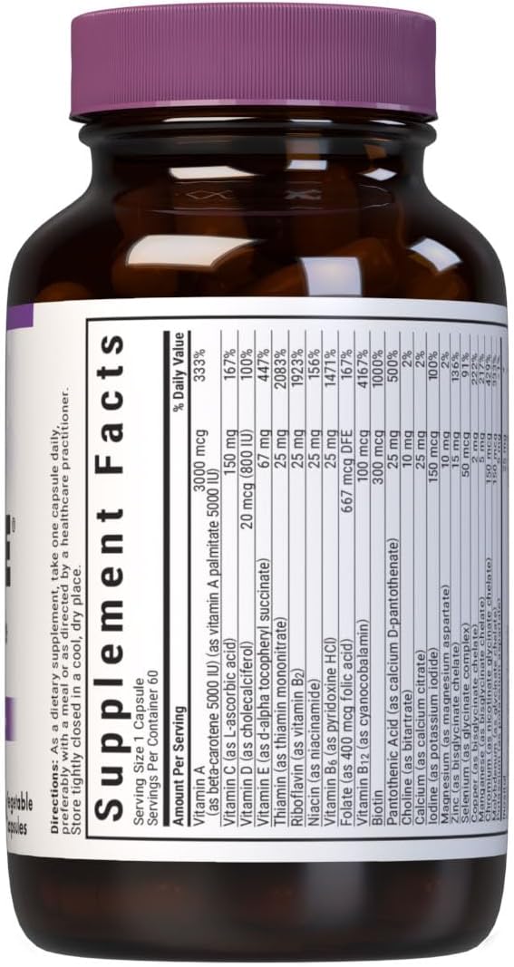 Bluebonnet Nutrition Multi One Vegetarian Capsules - Full Spectrum Multiple with B Vitamins for General Health - Iron Free, Gluten Free, Milk Free, Kosher - 60 Veg Caps, 2 Month Supply