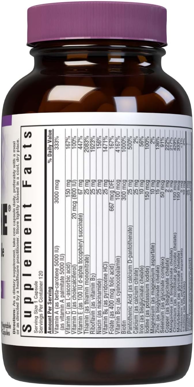 Bluebonnet Nutrition Multi One with Iron Vegetable Capsules - Full Spectrum Multi Vitamin Supplement, B Vitamins, Gluten & Dairy Free, Kosher, 120 Count - 4 Month Supply