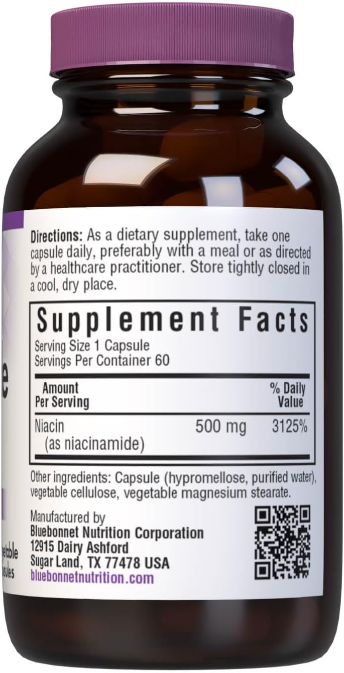 Bluebonnet Nutrition Niacinamide 500mg - Cardiovascular Health Support - Non-GMO, Dairy-Free, Vegan - 60 Vegetable Capsules