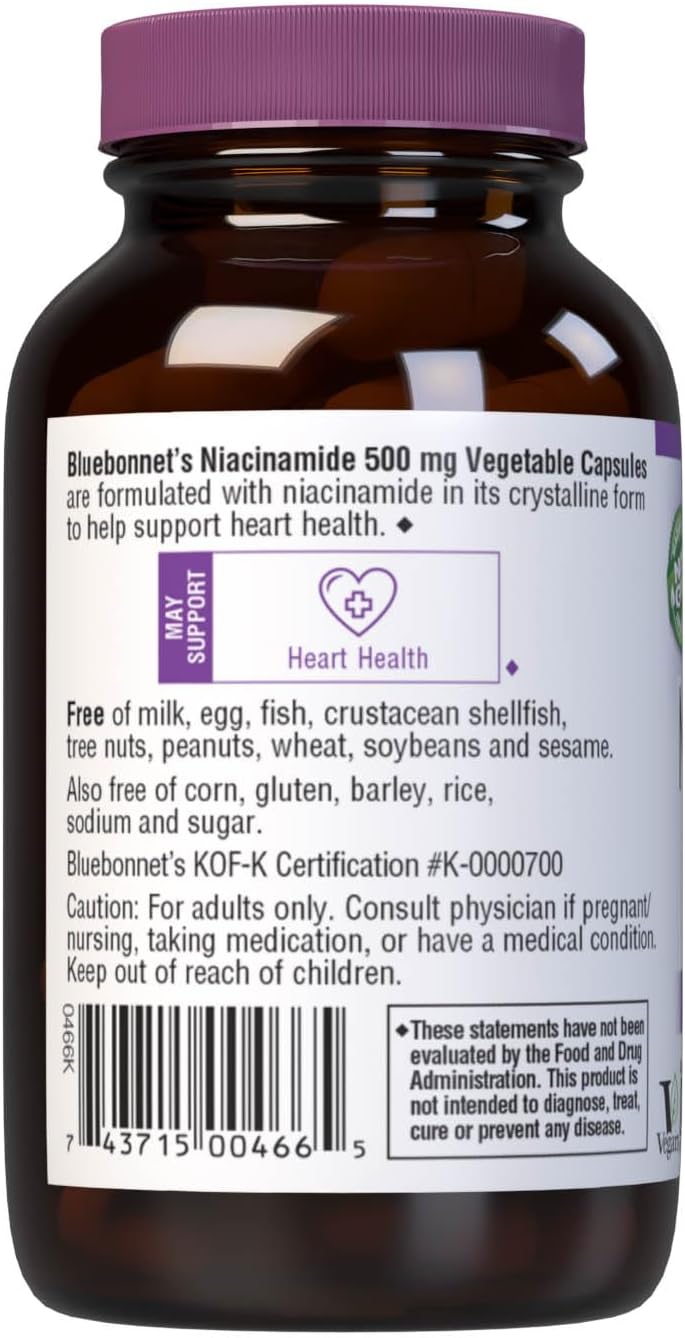 Bluebonnet Nutrition Niacinamide 500mg - Cardiovascular Health Support - Non-GMO, Dairy-Free, Vegan - 60 Vegetable Capsules