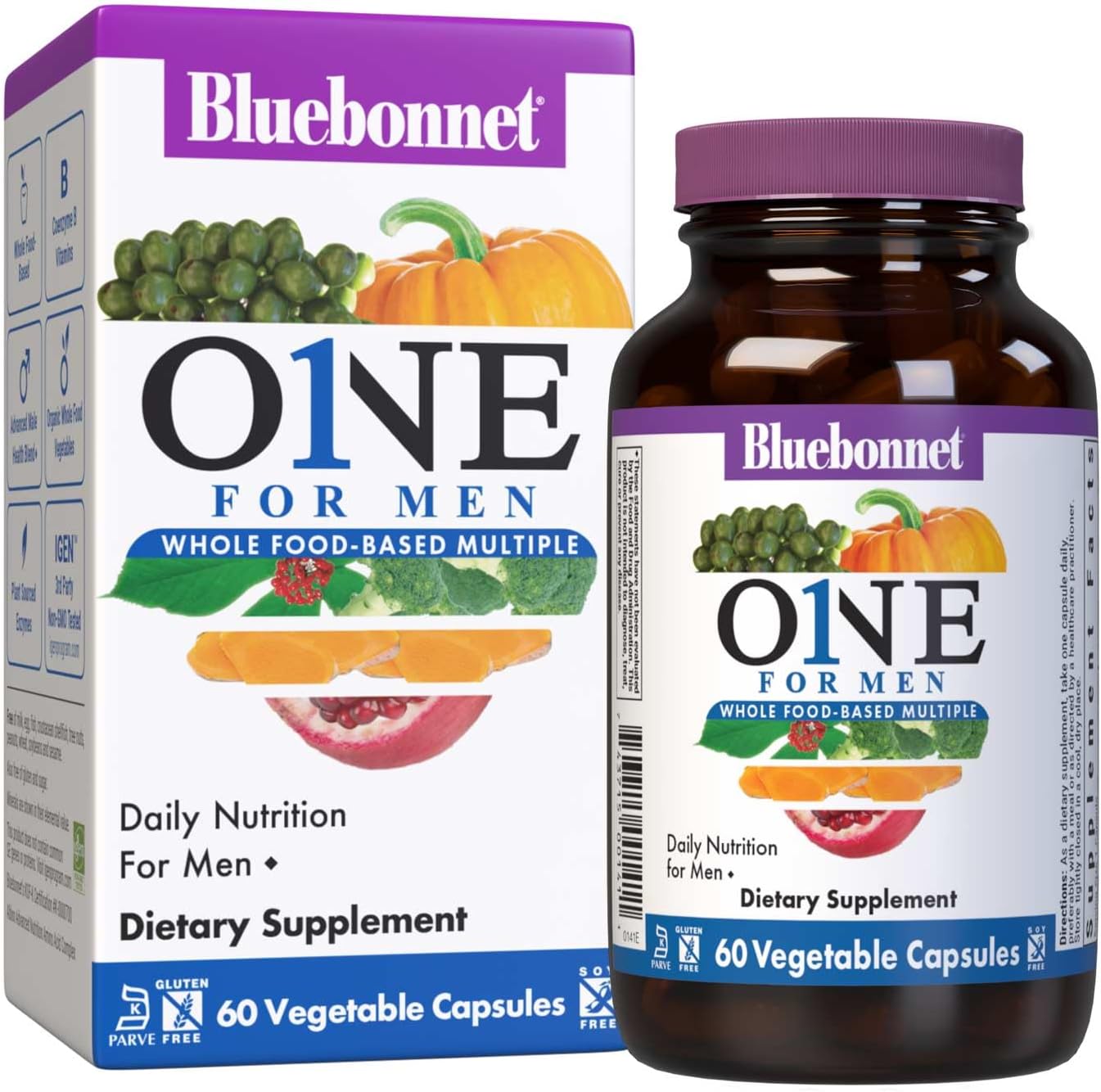Bluebonnet Nutrition One for Men Whole Food-Based Multiple - Non-GMO, Vegetarian, Kosher, Gluten-Free - 60 Vegetable Capsules