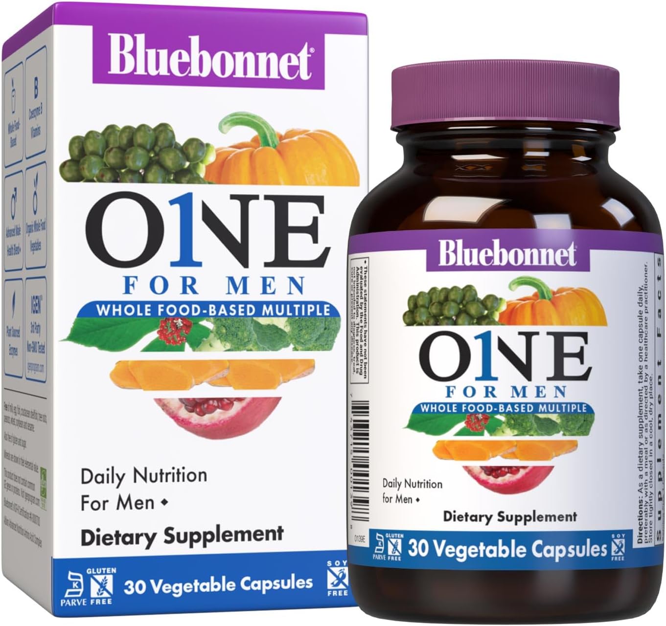 Bluebonnet Nutrition One for Men Whole Food-Based Multivitamin, Daily Nutrition Supplement - Non-GMO, Vegetarian, Kosher, Gluten/Soy/Dairy-Free - 30 Veg Caps