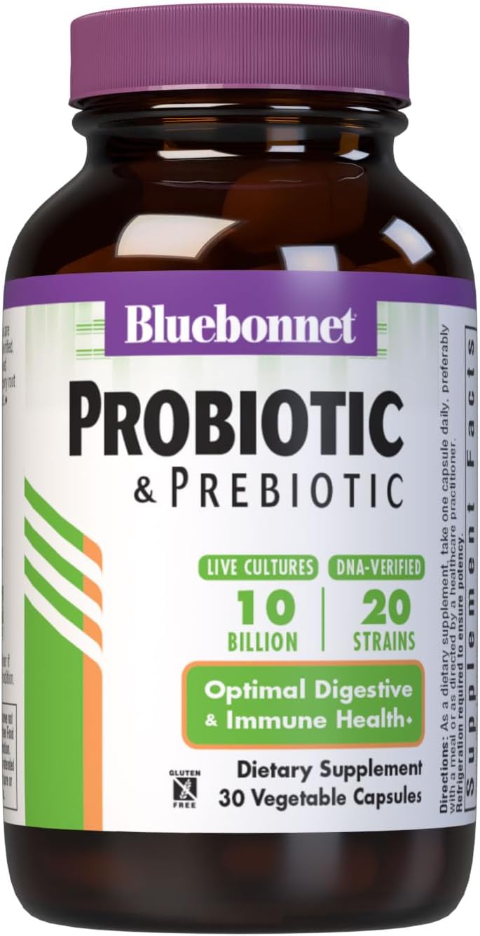 Bluebonnet Nutrition Probiotic & Prebiotic Capsules - 10 Billion CFU, Immune & Digestive Support, Gluten-Free, Non-GMO - 30 Servings