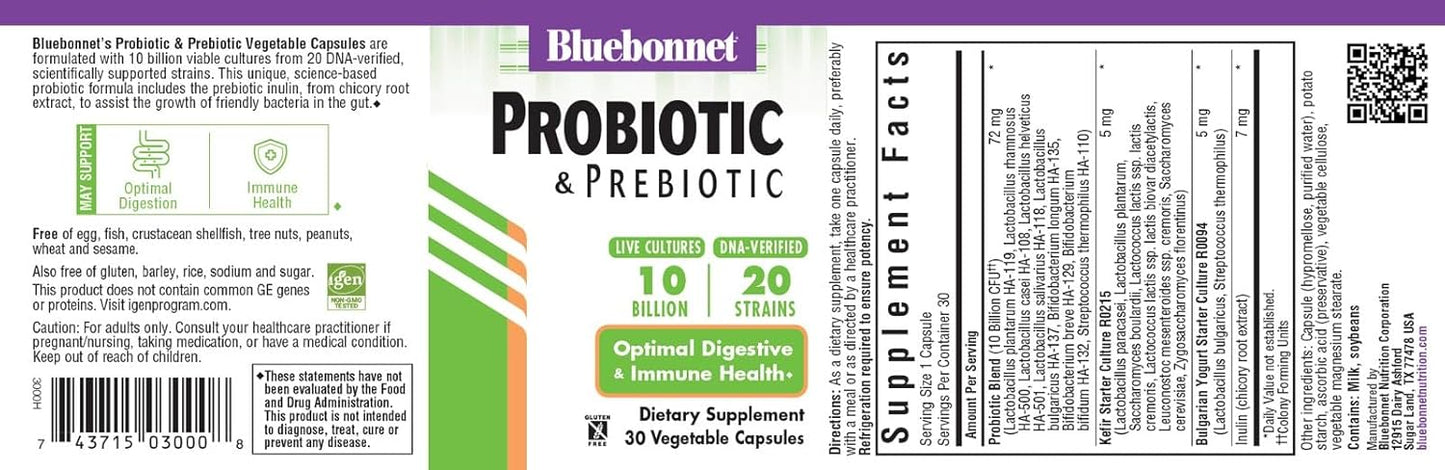 Bluebonnet Nutrition Probiotic & Prebiotic Capsules - 10 Billion CFU, Immune & Digestive Support, Gluten-Free, Non-GMO - 30 Servings