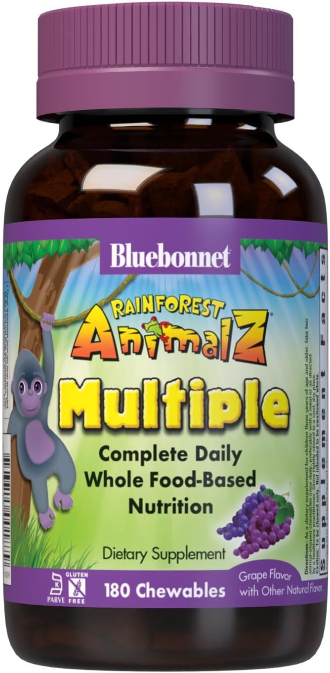 Bluebonnet Nutrition Rainforest Animalz Kids Multivitamin Chewable Tablets, 180 Count, Grape Flavor, Gluten-Free, Milk-Free, Kosher