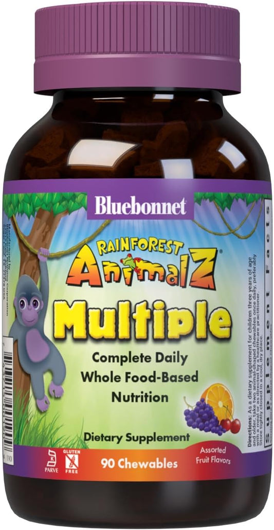 Bluebonnet Nutrition Rainforest Animalz Whole Food Based Kids Multivitamin & Mineral Chewable Tablets - 90 Count - Gluten Free, Milk Free, Kosher, Mixed Flavors
