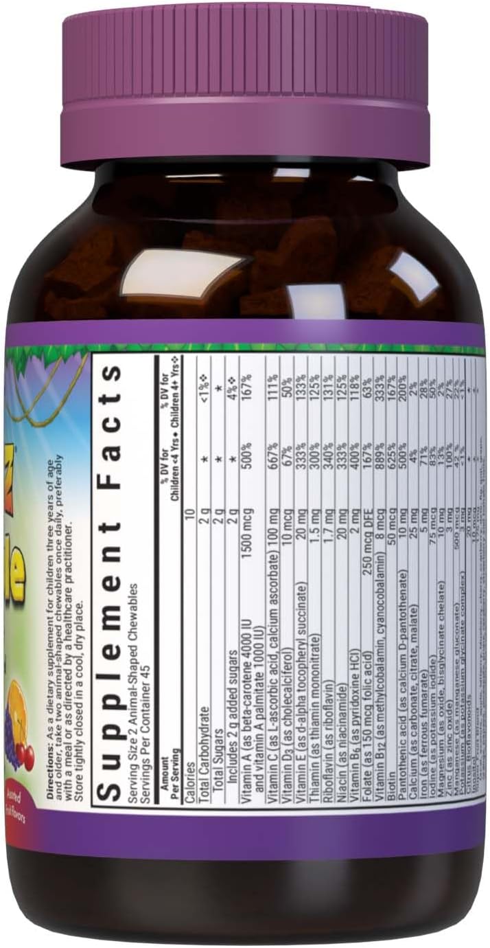 Bluebonnet Nutrition Rainforest Animalz Whole Food Based Kids Multivitamin & Mineral Chewable Tablets - 90 Count - Gluten Free, Milk Free, Kosher, Mixed Flavors