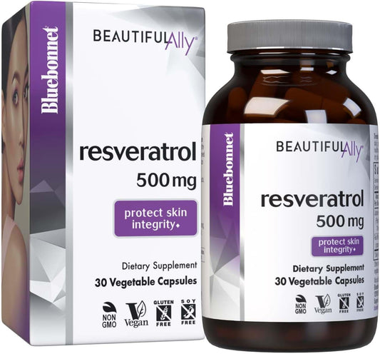 Bluebonnet Nutrition Resveratrol 500mg Capsules for Skin Integrity, Non-GMO, Vegan, Gluten-Free - 30 Servings