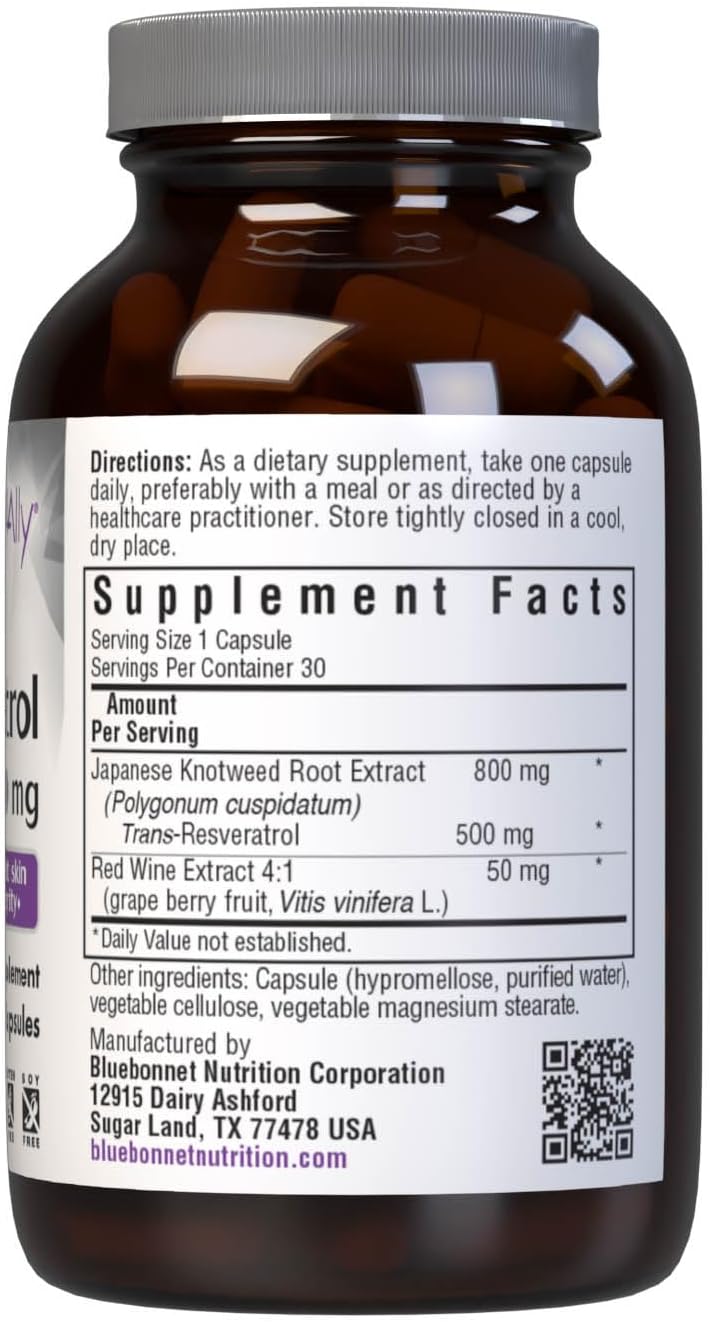 Bluebonnet Nutrition Resveratrol 500mg Capsules for Skin Integrity, Non-GMO, Vegan, Gluten-Free - 30 Servings