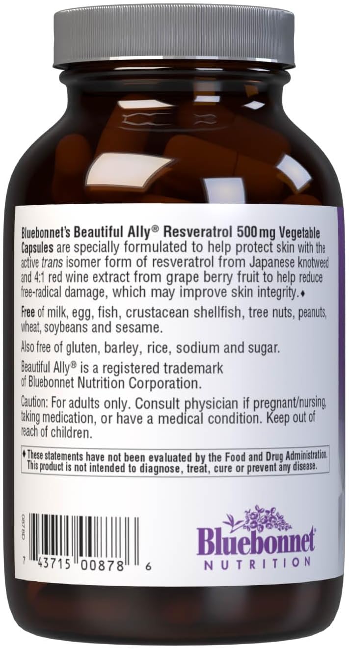 Bluebonnet Nutrition Resveratrol 500mg Capsules for Skin Integrity, Non-GMO, Vegan, Gluten-Free - 30 Servings