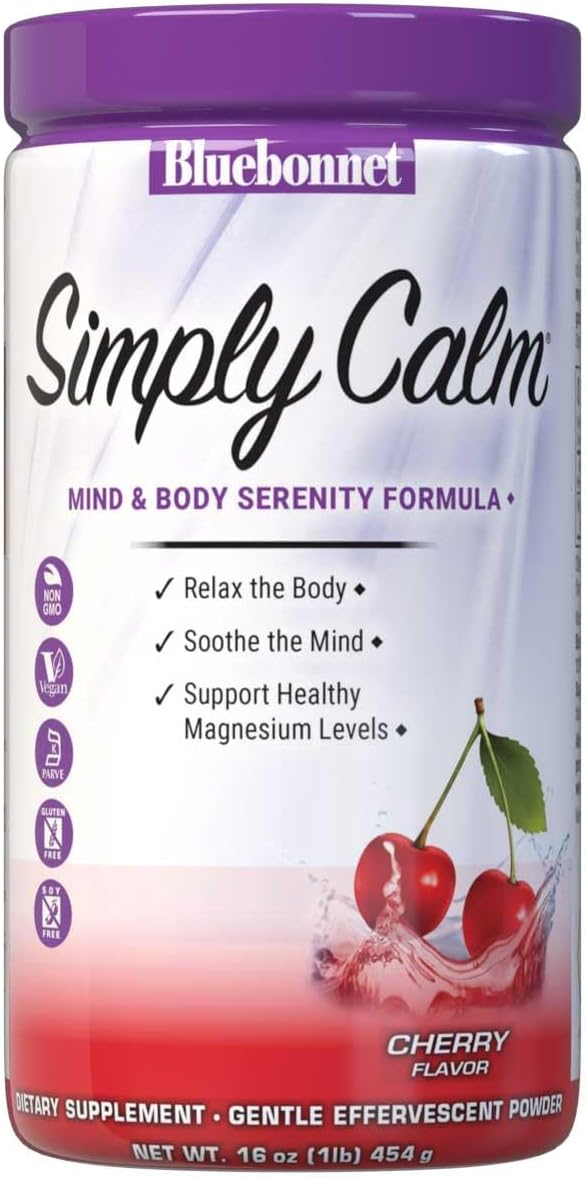 Bluebonnet Nutrition Simply Calm Powder Cherry Flavor - Calm, Muscle Cramps, Stress Relief - 16 oz, Non-GMO, Vegan, Kosher, Gluten-Free, Soy-Free, Dairy-Free - 82 Servings