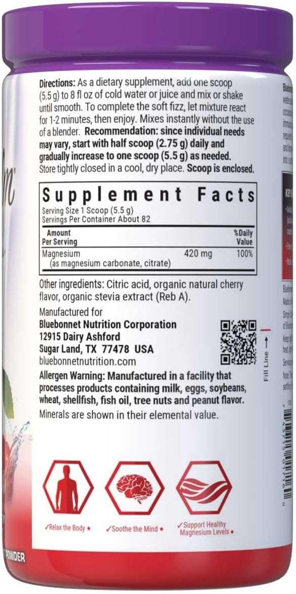 Bluebonnet Nutrition Simply Calm Powder Cherry Flavor - Calm, Muscle Cramps, Stress Relief - 16 oz, Non-GMO, Vegan, Kosher, Gluten-Free, Soy-Free, Dairy-Free - 82 Servings