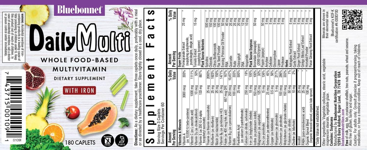 Bluebonnet Nutrition Super Earth MultiNutrient Formula with Iron, 180 Count - Gluten-Free, Kosher, Vegetarian, Dairy-Free - Daily Nutritional Support