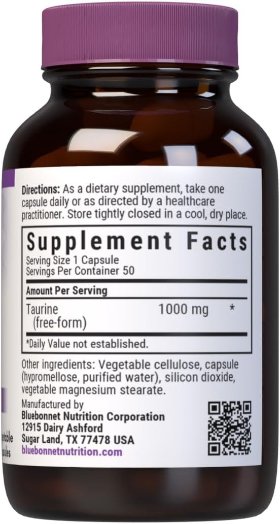 Bluebonnet Nutrition Taurine 1000 mg Capsules for Nervous System Support, Non-GMO, Vegan, Kosher, Gluten-Free, Soy-Free - 50 Servings