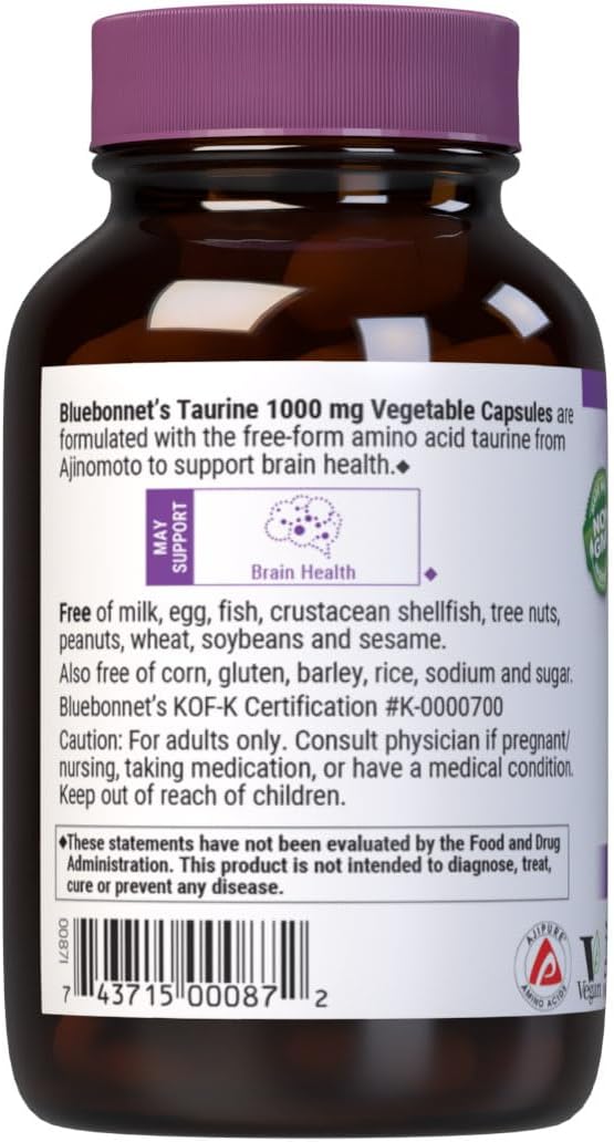 Bluebonnet Nutrition Taurine 1000 mg Capsules for Nervous System Support, Non-GMO, Vegan, Kosher, Gluten-Free, Soy-Free - 50 Servings
