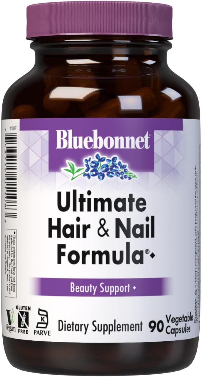 BlueBonnet Nutrition Ultimate Hair and Nail Formula - Vitamins & Minerals for Inner Beauty - Gluten-Free, Kosher, Dairy-Free, Vegan - 90 Vegetarian Capsules