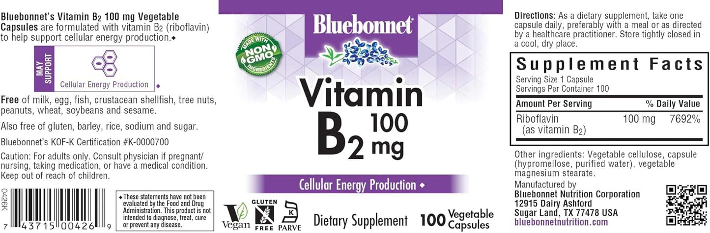 Bluebonnet Nutrition Vitamin B2 100mg - Supports Heart and Nervous System, Soy-Free, Gluten-Free, Kosher, Dairy-Free, Vegan, Non-GMO - 100 Capsules