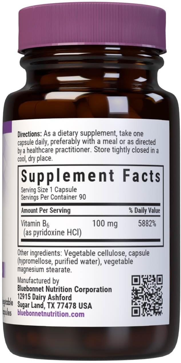 BlueBonnet Nutrition Vitamin B6 100mg Capsules - 90 Count for Cardiovascular & Nervous System Support
