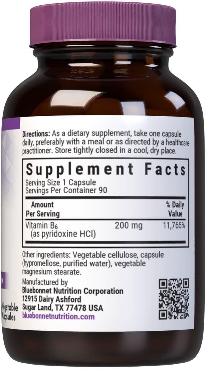 Bluebonnet Nutrition Vitamin B6 200mg Vegetable Capsules - Cardiovascular & Nervous System Support - Soy Free, Gluten Free, Kosher, Dairy Free, Vegan - Non-GMO - 90 Capsules, 90 Servings