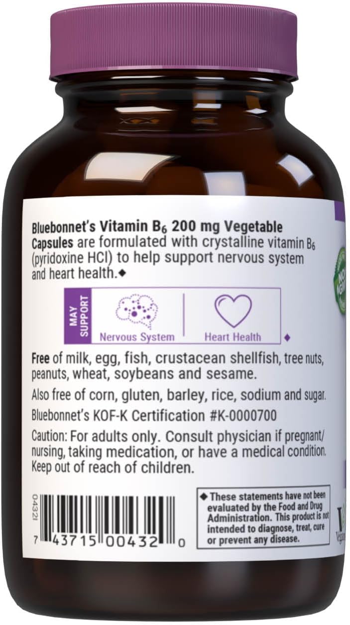 Bluebonnet Nutrition Vitamin B6 200mg Vegetable Capsules - Cardiovascular & Nervous System Support - Soy Free, Gluten Free, Kosher, Dairy Free, Vegan - Non-GMO - 90 Capsules, 90 Servings
