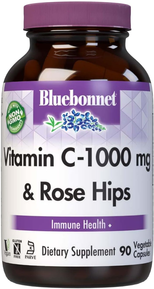 Bluebonnet Nutrition Vitamin C-1000 mg with Rose HIPS Capsules - Immune Health Support, Antioxidant Protection - 90 Count Veg Caps, Soy Free, Gluten Free, Non-GMO, Kosher, Dairy Free, Vegan