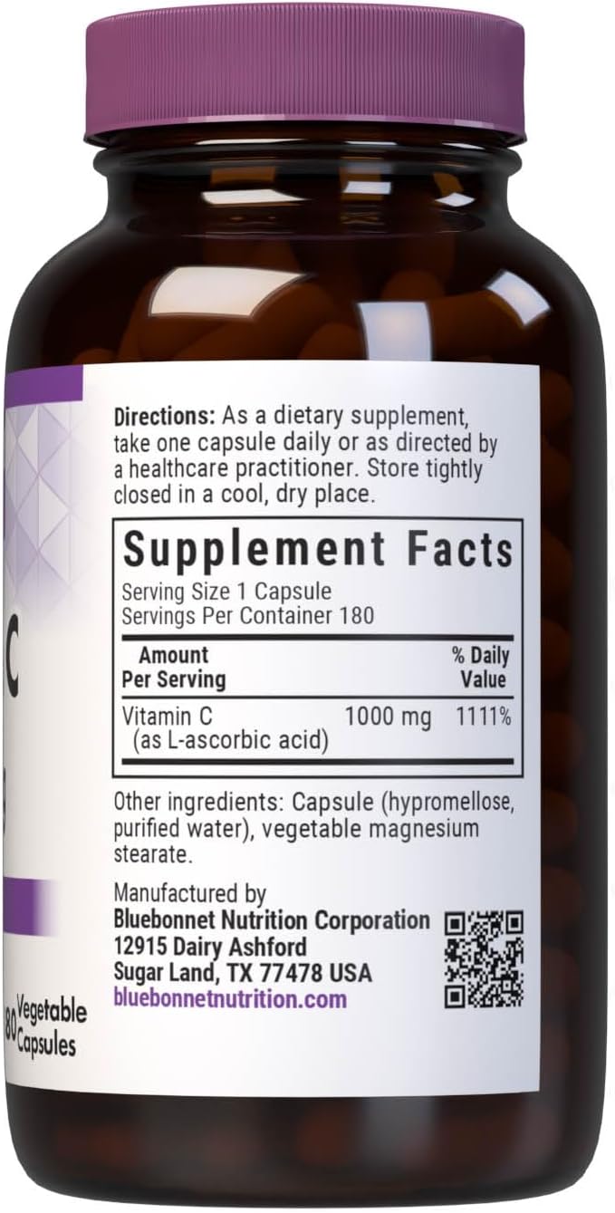 Bluebonnet Nutrition Vitamin C 1000mg Capsules for Immune & Skin Health - Vegan, Non GMO, Gluten Free - 180 Count