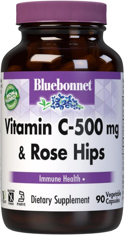 BlueBonnet Nutrition Vitamin C-500 mg with Rose HIPS Capsules - Immune Support, Antioxidant Boost - 90 Count
