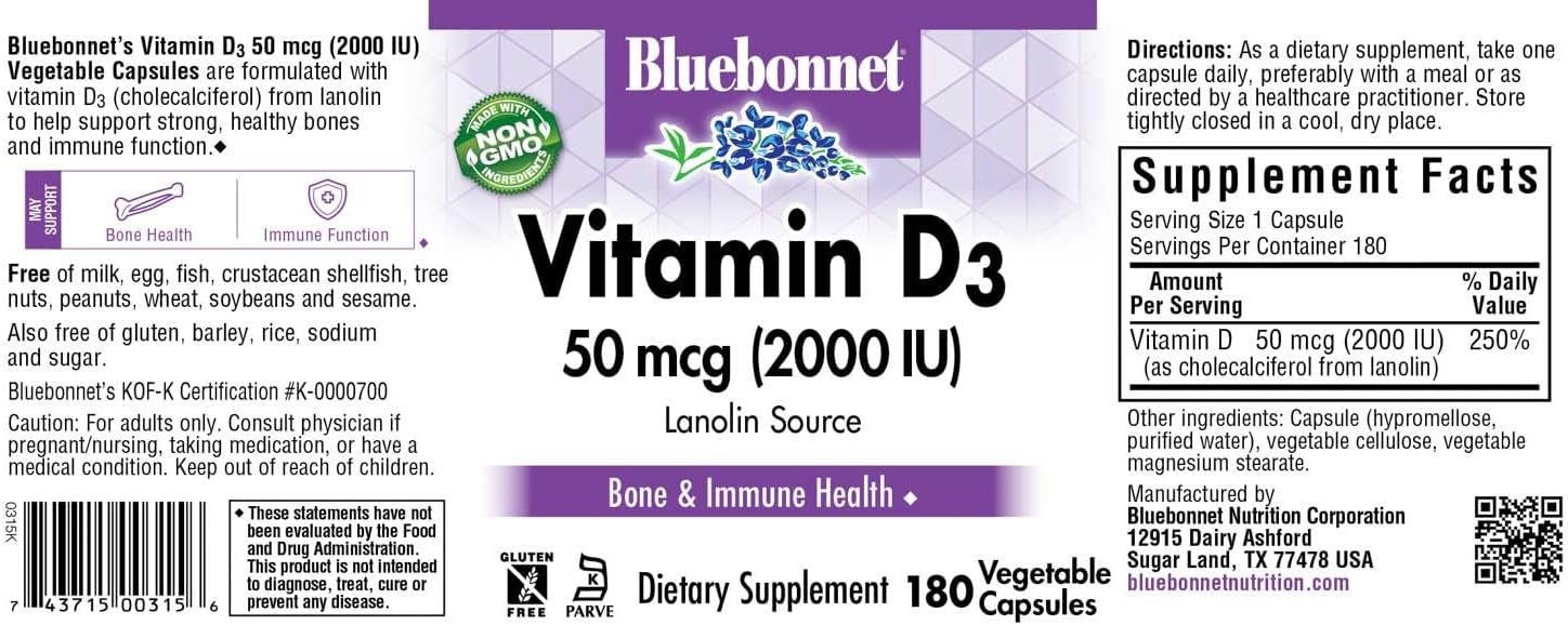 Bluebonnet Nutrition Vitamin D3 2000 IU Capsules for Muscle and Bone Health, Lanolin Source, Non GMO, Gluten Free, Soy Free, 180 Capsules