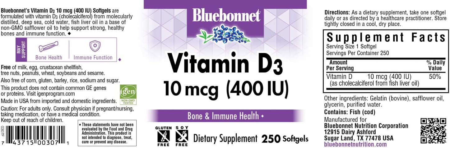 Bluebonnet Nutrition Vitamin D3 400 IU Softgels, Supports Muscle and Bone Health, Cholecalciferol from Fish Oil, Non GMO, Gluten Free, Soy Free, Dairy Free, 250 Softgels