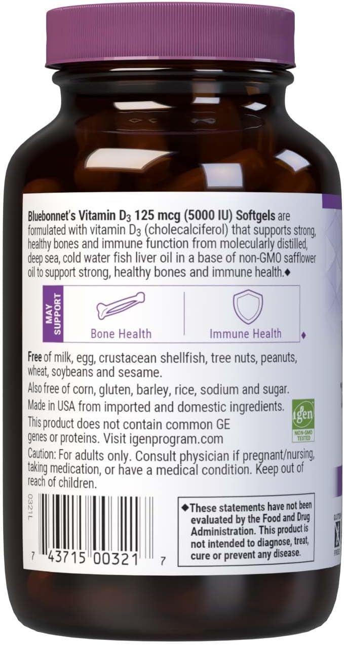 Bluebonnet Nutrition Vitamin D3 5000 IU Softgels, Supports Muscle and Bone Health, Cholecalciferol from Fish Oil, Non GMO, Gluten, Soy & Dairy Free, 100 Count