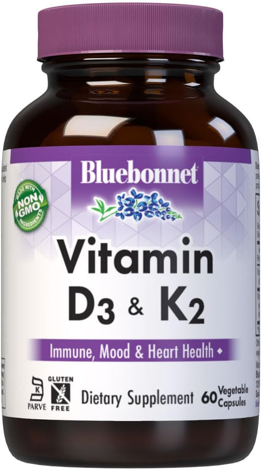 Bluebonnet Nutrition Vitamin D3 & K2 Capsules for Strong Bones, Soy-Free, Gluten-Free, Non-GMO, Dairy-Free - 60 Servings
